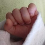 A close-up view of an infant's closed fist, nestled in a white swaddle blanket.