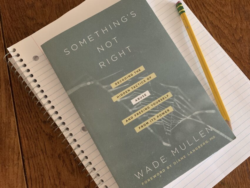A green-grey book with the title "Something's Not Right - Decoding the Hidden Tactics of Abuse and Freeing Yourself from Its Power" lies with a pencil on an open notebook. A blurred image of a spiderweb is in the background of the cover.